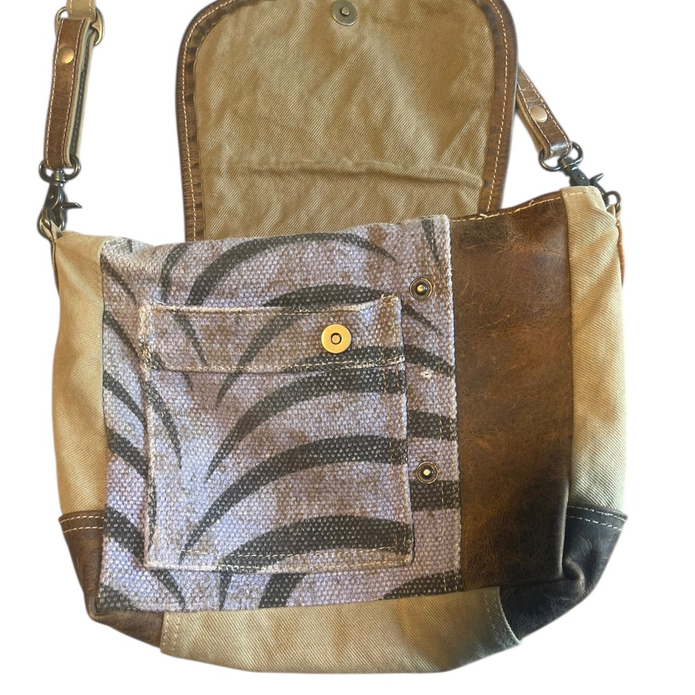 Myra Bag Crossbody Messenger Distressed Leather & Canvas Shoulder Handbag Purse - Picture 10 of 15